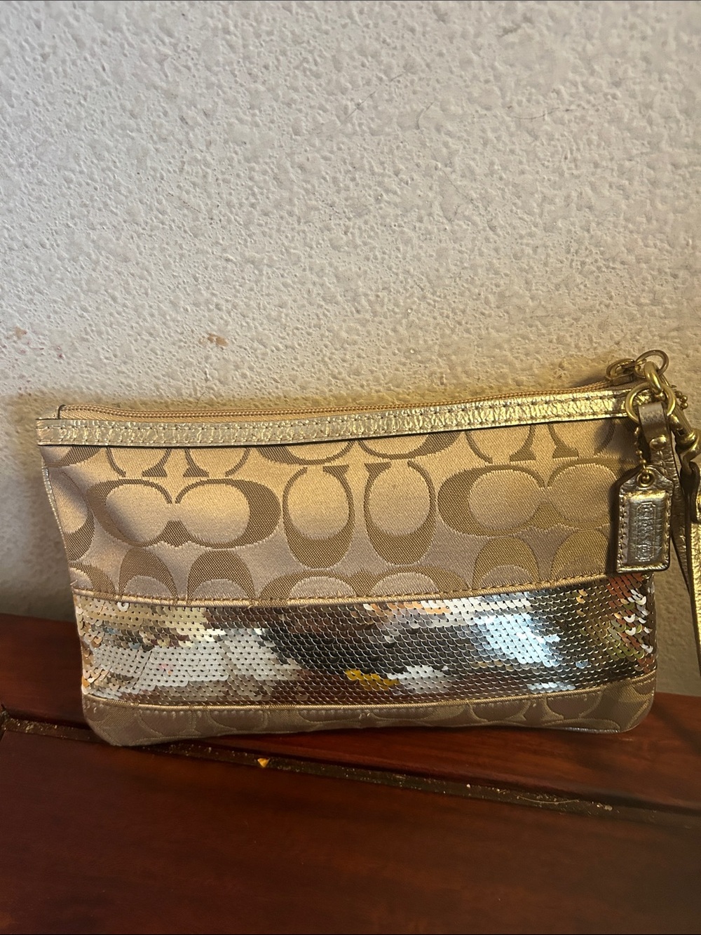 Coach Gold Signature Sequin Clutch Wristlet